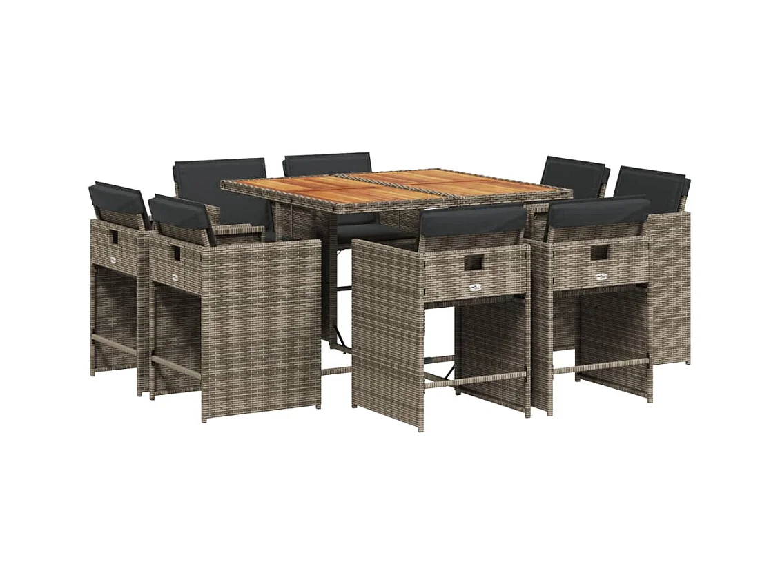 An Daingean  Set comedor jardín 9 pzas y cojines ratán sintético gris
