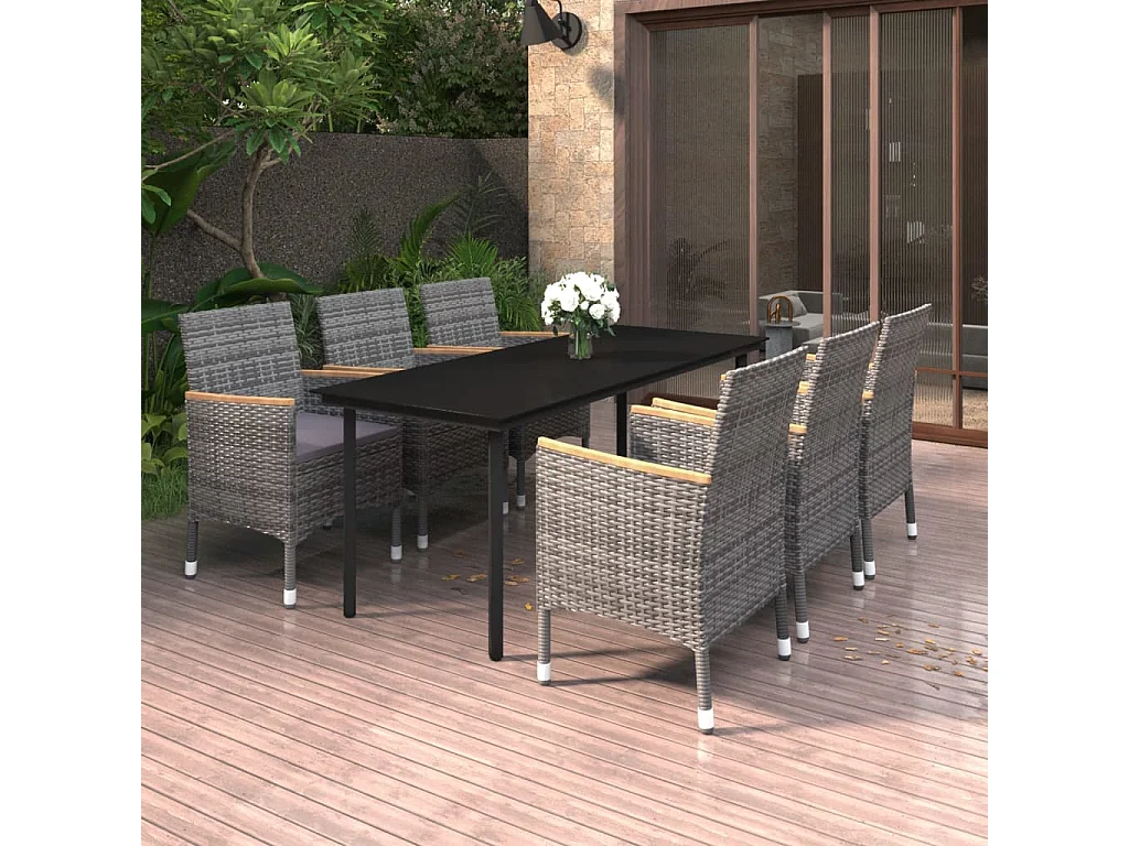 Garden Furniture -  Ensemble à manger de jardin coussins 7 pcs Résine tressée Verre