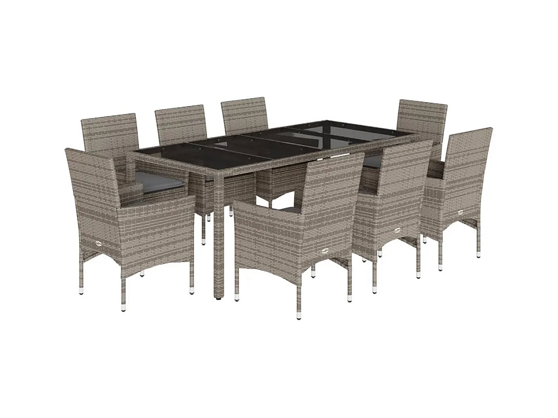 Stafford Springs  Ensemble à manger de jardin et coussins 9 pcs gris rotin verre