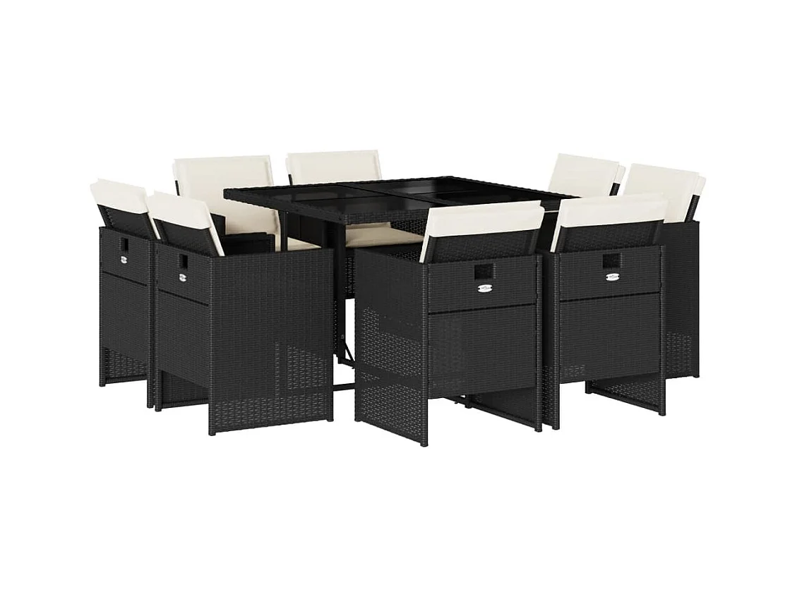 Jeroen  Set de comedor de jardín 9 pzas y cojines ratán sintético negro