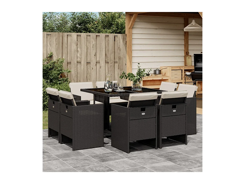 Jeroen  Set de comedor de jardín 9 pzas y cojines ratán sintético negro