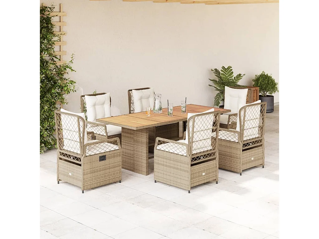 Veteli  Set comedor de jardín 7 pzas con cojines ratán sintético beige