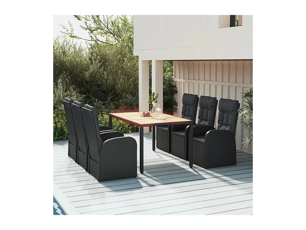 Arvild  Ensemble à manger de jardin coussins 7pcs Noir Résine tressée