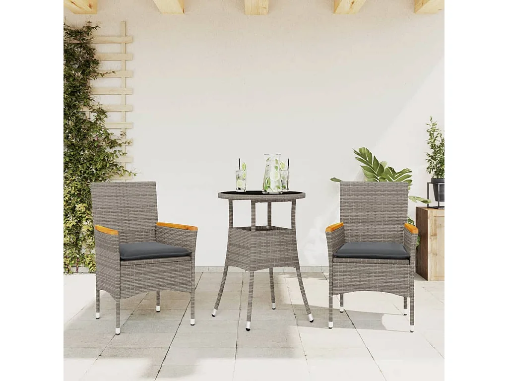 Eudes  Ensemble à manger de jardin et coussins 3 pcs gris rotin verre
