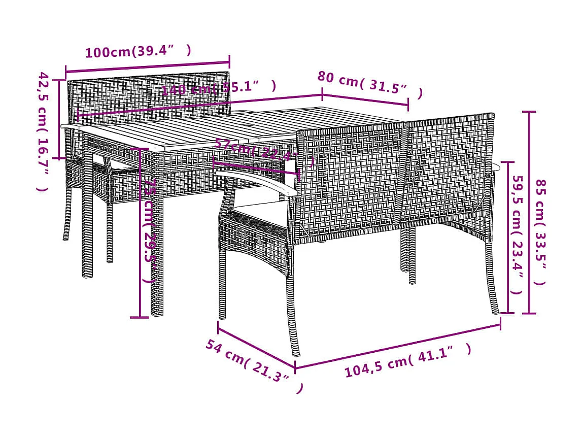 Nunspeet  Set comedor de jardín 3 pzas con cojines ratán sintético beige