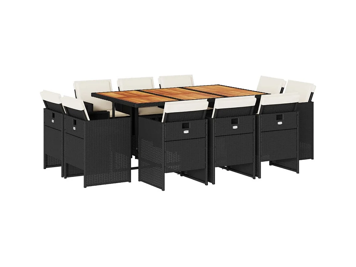 Jeroen  Set de comedor jardín 11 pzas con cojines ratán sintético negro