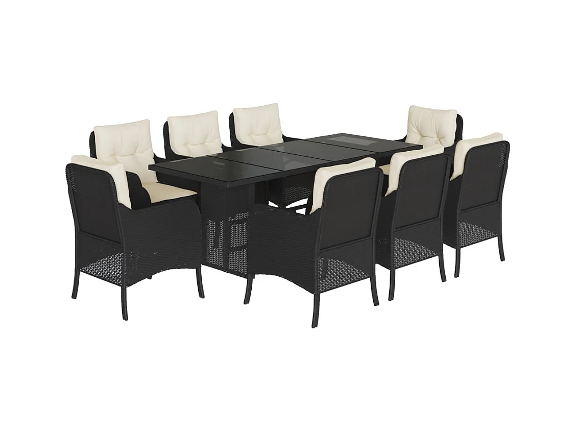 Karlyn  Set de comedor de jardín 9 pzas y cojines ratán sintético negro