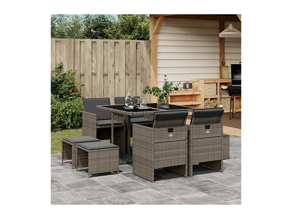 Steno  Ensemble à manger de jardin 9 pcs coussins gris résine tressée