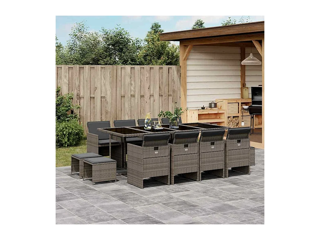 Steno  Ensemble à manger de jardin coussins 13 pcs gris résine tressée