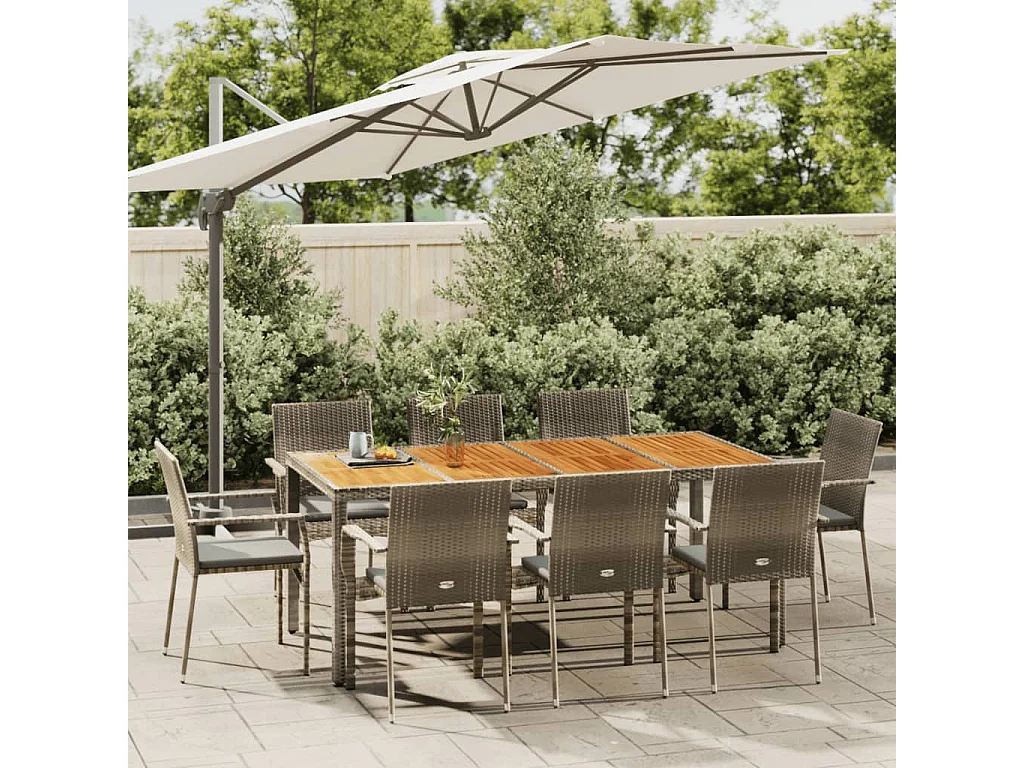 Tønder  Set comedor jardín 9 pzas y cojines ratán sintético gris