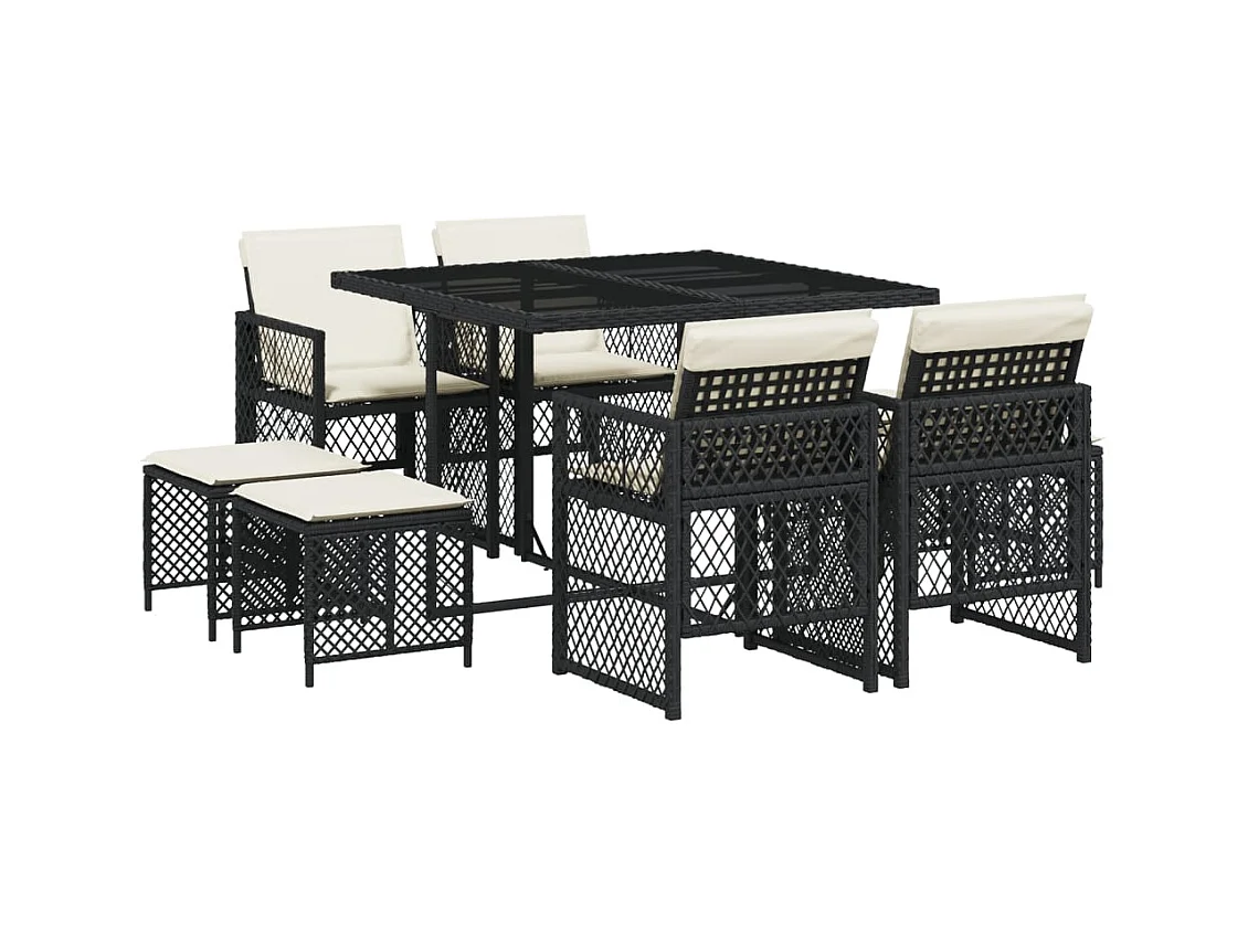 Lubbeek  Set de comedor de jardín 9 pzas y cojines ratán sintético negro