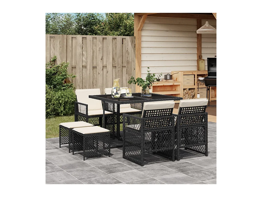 Lubbeek  Set de comedor de jardín 9 pzas y cojines ratán sintético negro