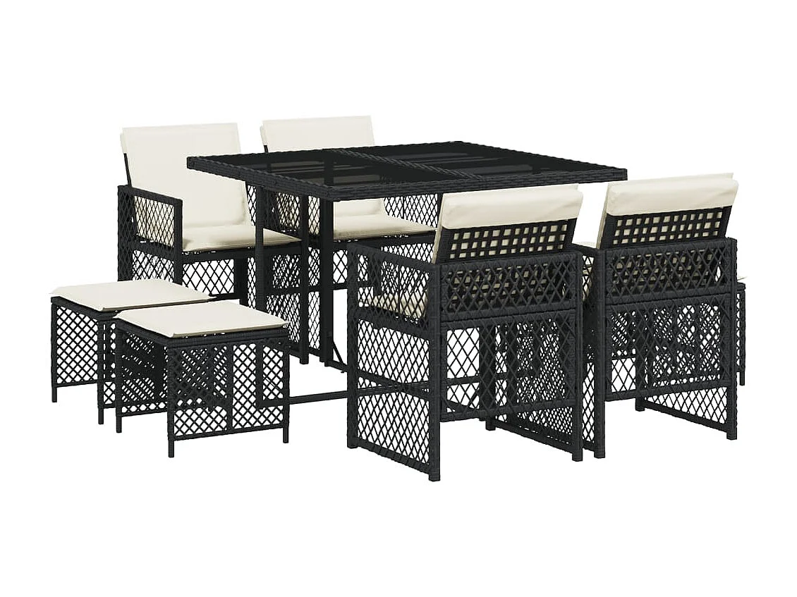 Lubbeek  Set de comedor de jardín 9 pzas y cojines ratán sintético negro