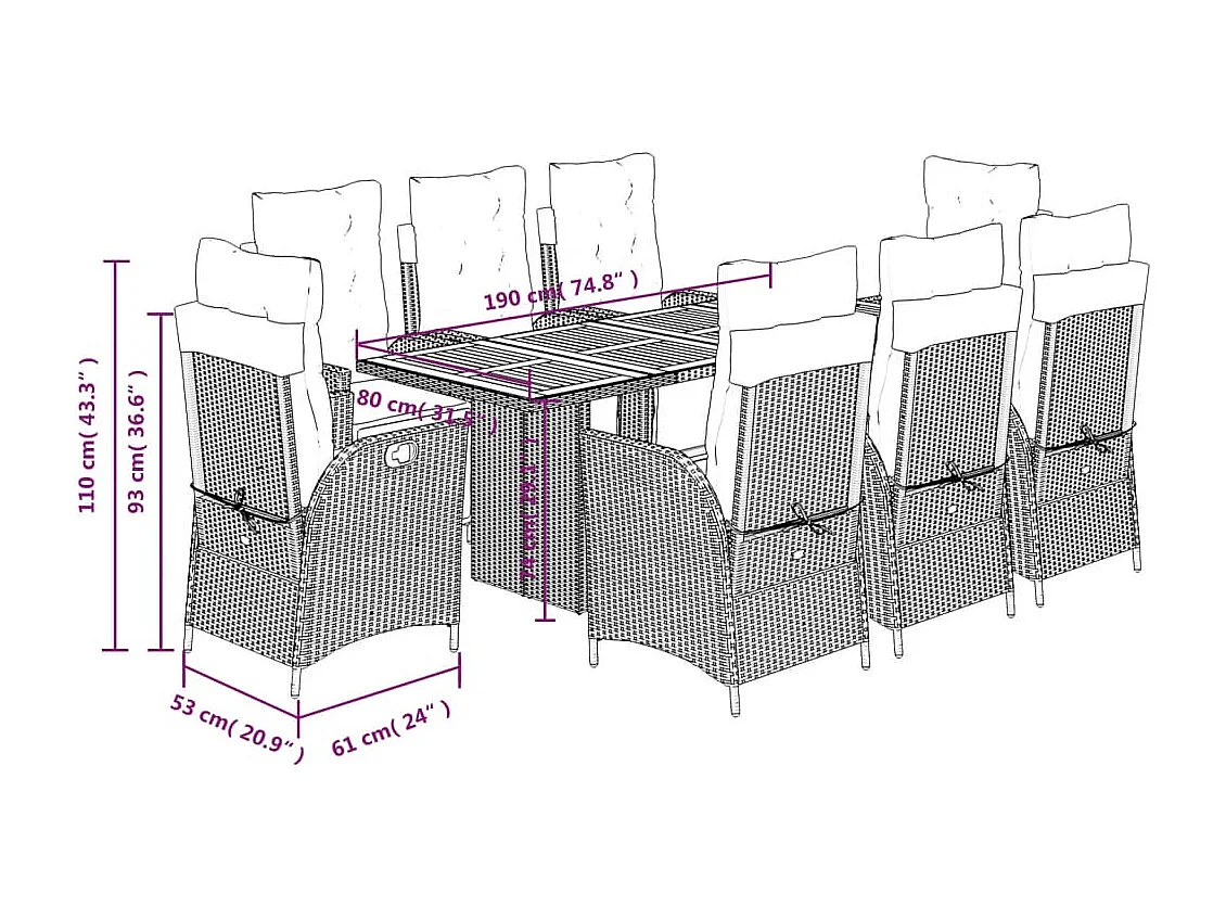 Anselm  9-delige Tuinset met kussens poly rattan beige