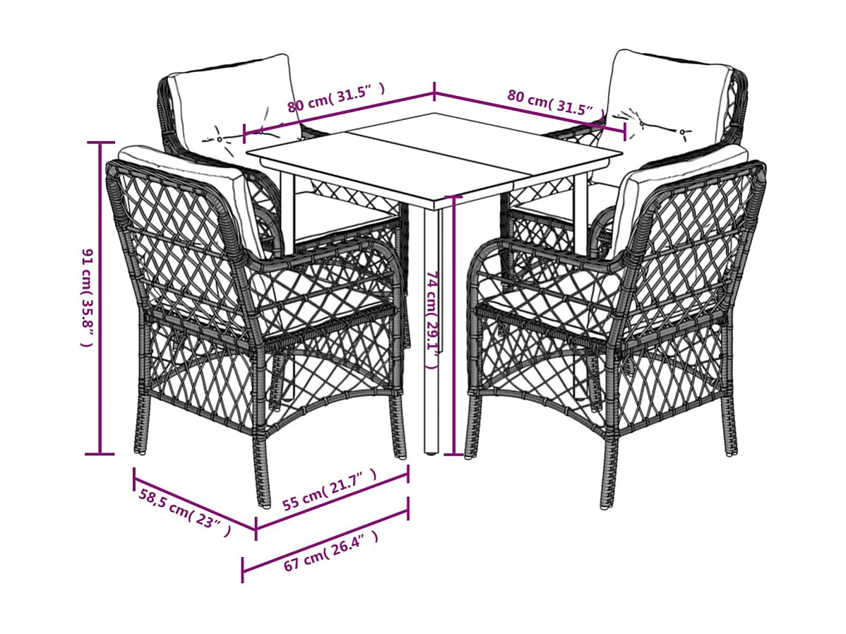 Vuokko  Ensemble à manger de jardin et coussins 5 pcs gris clair rotin