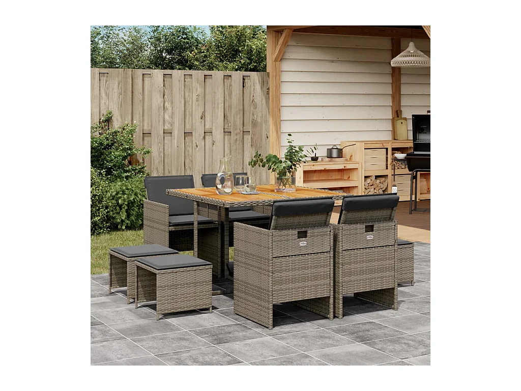 Steno  Ensemble à manger de jardin 9 pcs coussins gris résine tressée