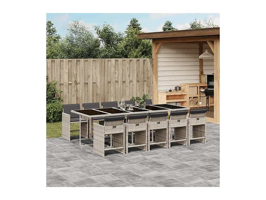 Zele  Ensemble à manger de jardin 11pcs avec coussins gris poly rotin