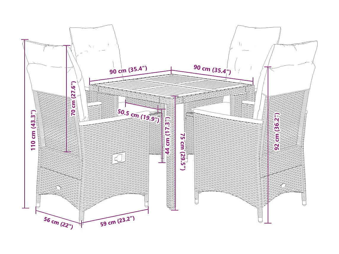 Lapinjärvi  Ensemble à manger de jardin coussins 5pcs Noir Résine tressée