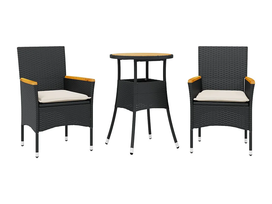 Butler  Ensemble à manger de jardin et coussins 3 pcs noir rotin acacia