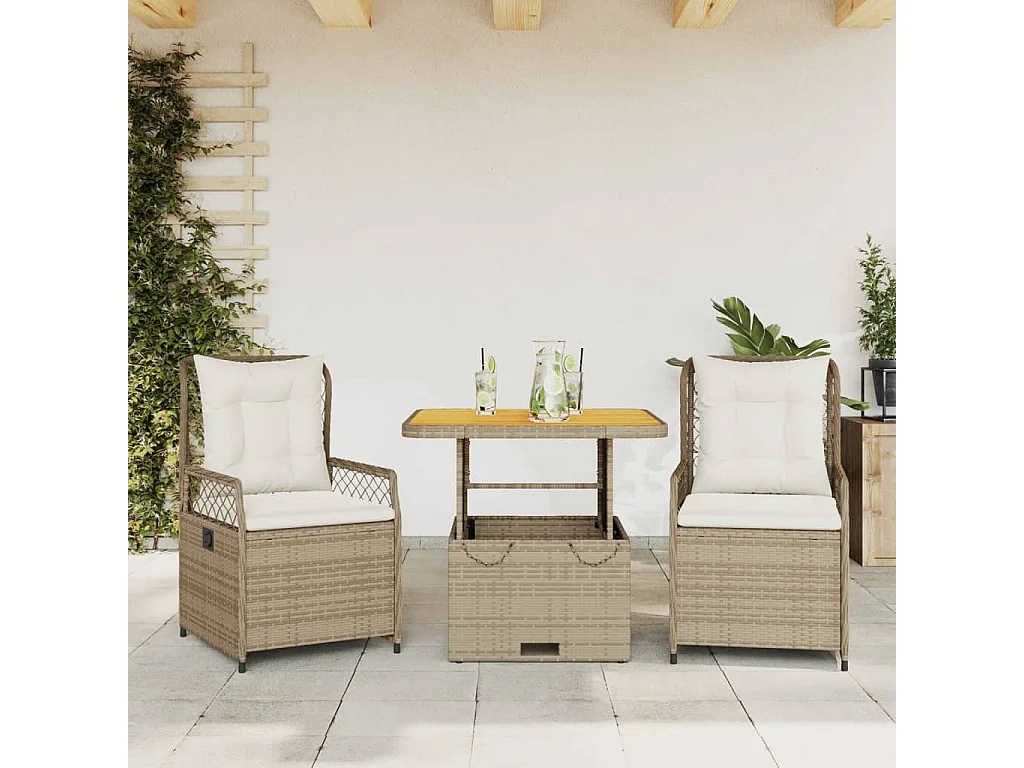 Ylva  Ensemble à manger de jardin et coussins 3 pcs Beige poly rotin