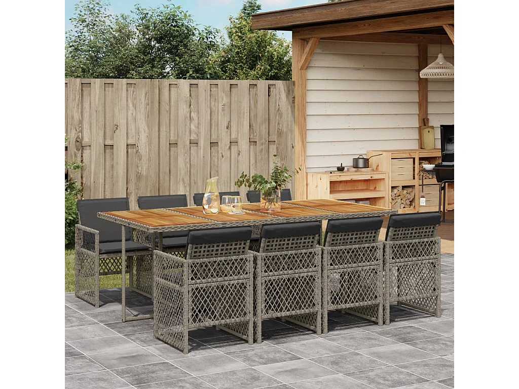 Connersville  Ensemble à manger de jardin 9 pcs coussins gris résine tressée