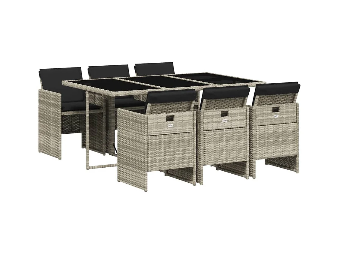 Jesse  Set comedor jardín 7 pzas y cojines ratán sintético gris claro