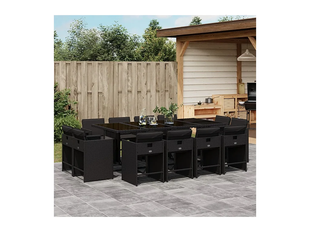 An Daingean  Set comedor de jardín con cojines 13 pzas ratán sintético negro