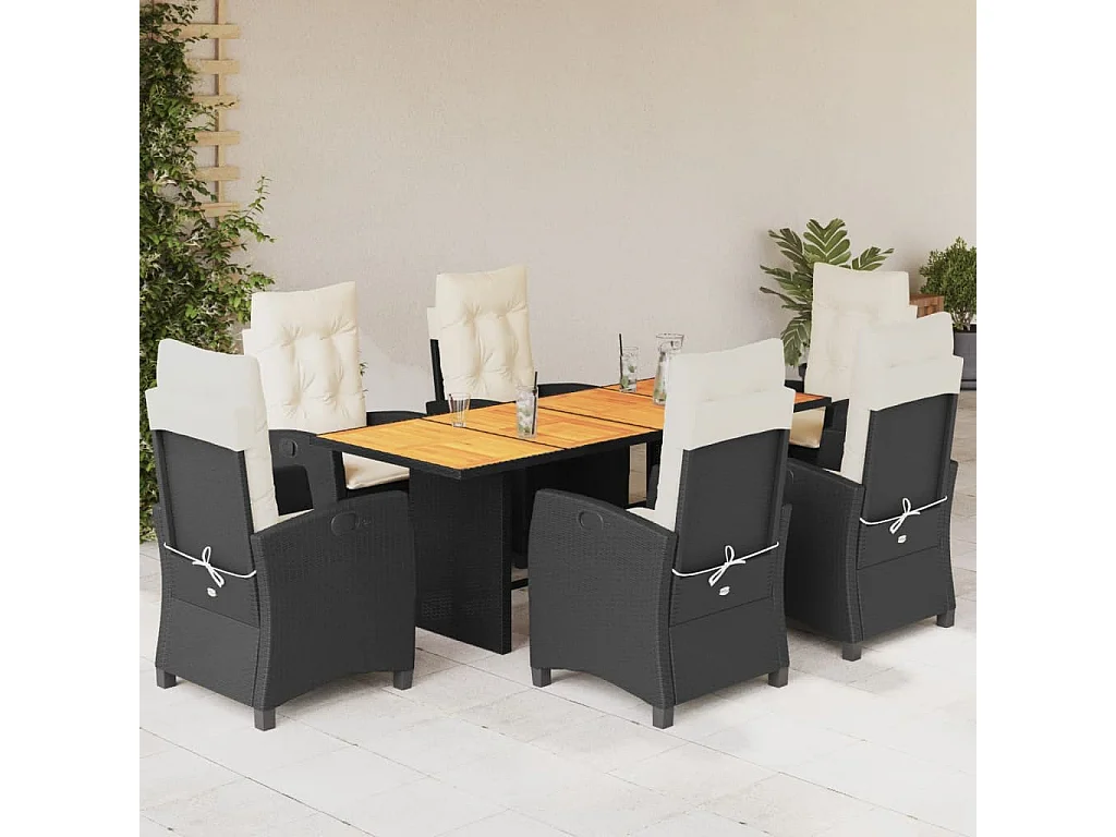 Frances  Ensemble à manger de jardin coussins 7pcs Noir Résine tressée