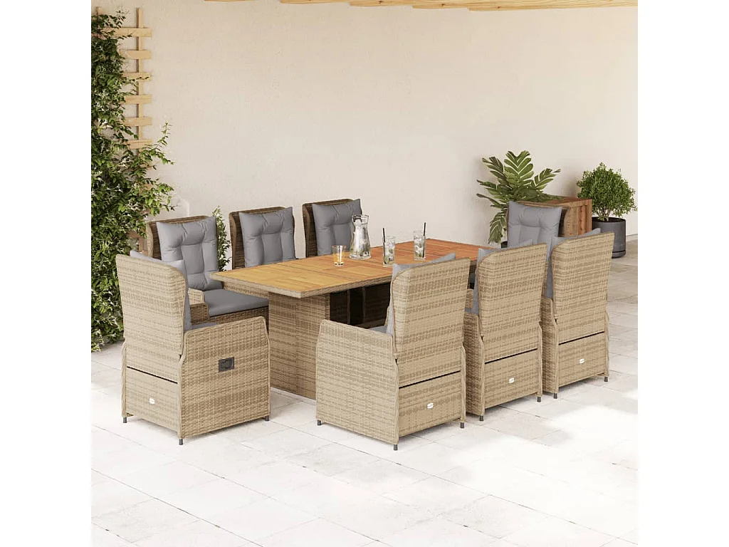 Zion  Set comedor de jardín 9 pzas con cojines ratán sintético beige