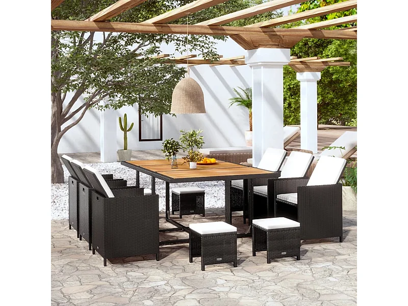 Kyllar  Set comedor de jardín 11 piezas y cojines ratán sintético negro