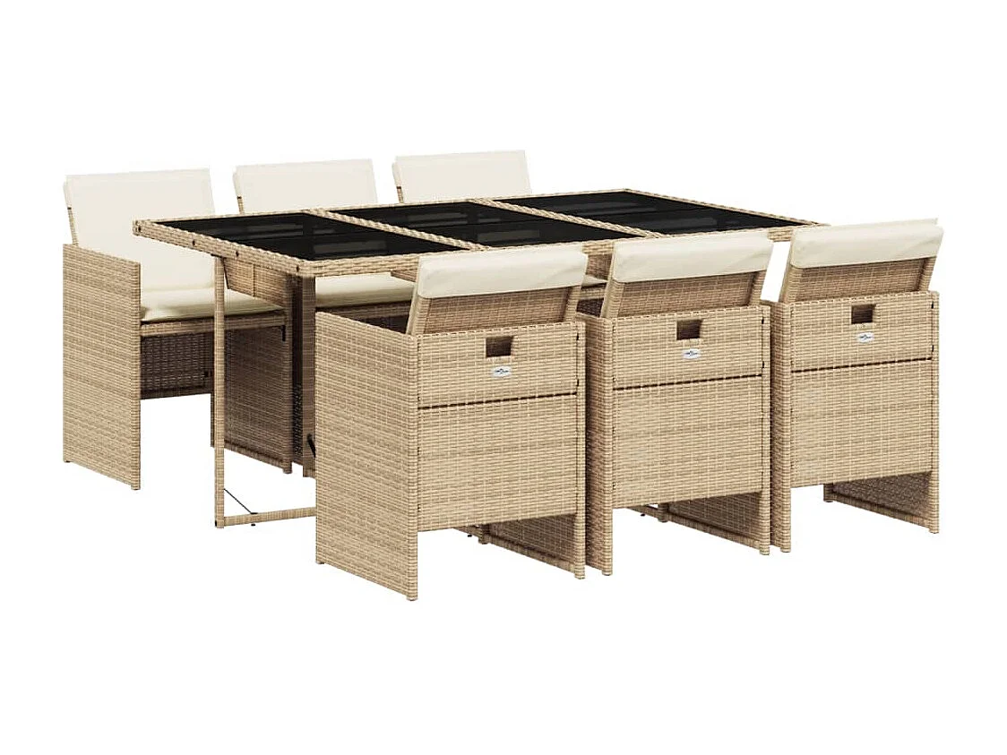 Jesse  Ensemble à manger de jardin et coussins 7 pcs beige poly rotin