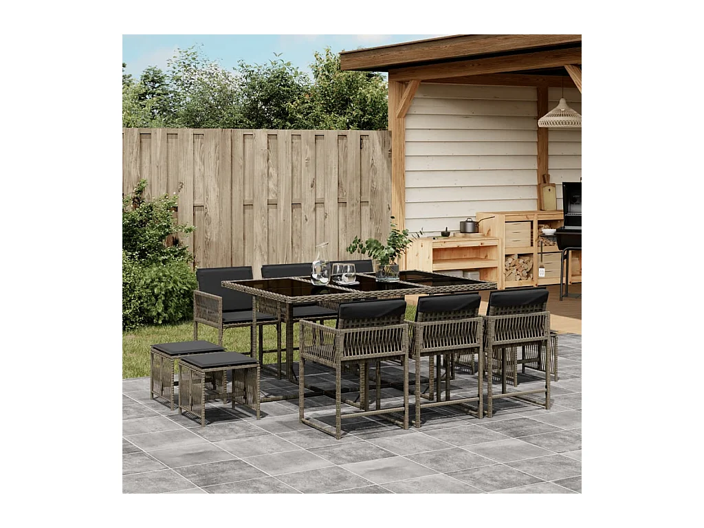 Xeli  Ensemble à manger de jardin 11pcs avec coussins gris poly rotin