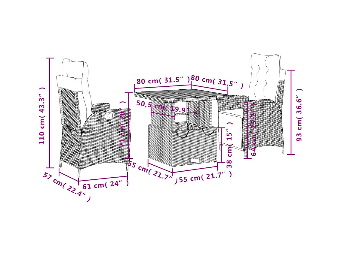 Sandviken  Ensemble à manger de jardin avec coussins 3 pcs Noir