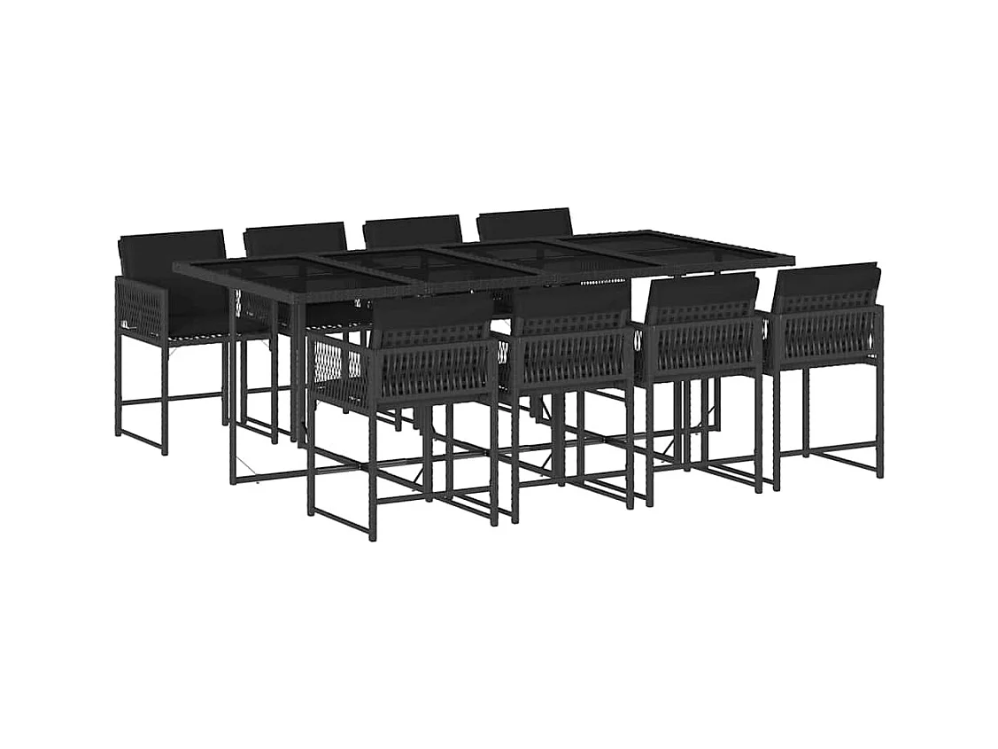 Sharif  Ensemble à manger de jardin 9pcs coussins noir résine tressée