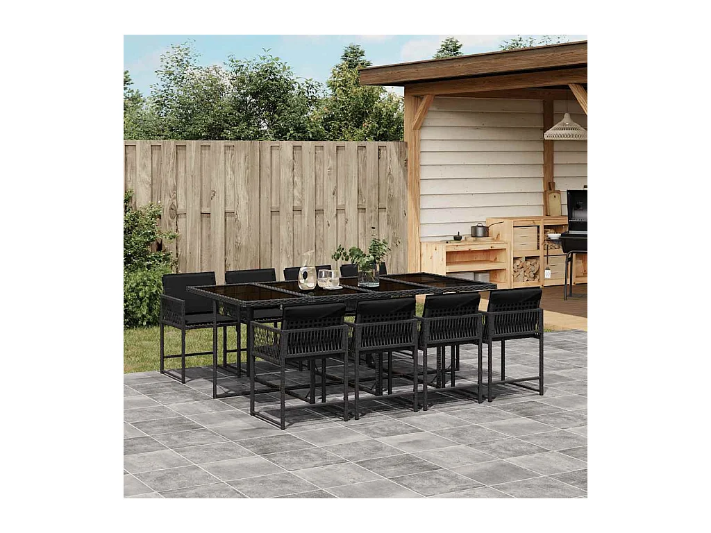 Sharif  Ensemble à manger de jardin 9pcs coussins noir résine tressée