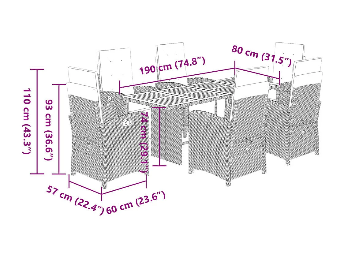 Thomian  7-delige Tuinset met kussens poly rattan zwart