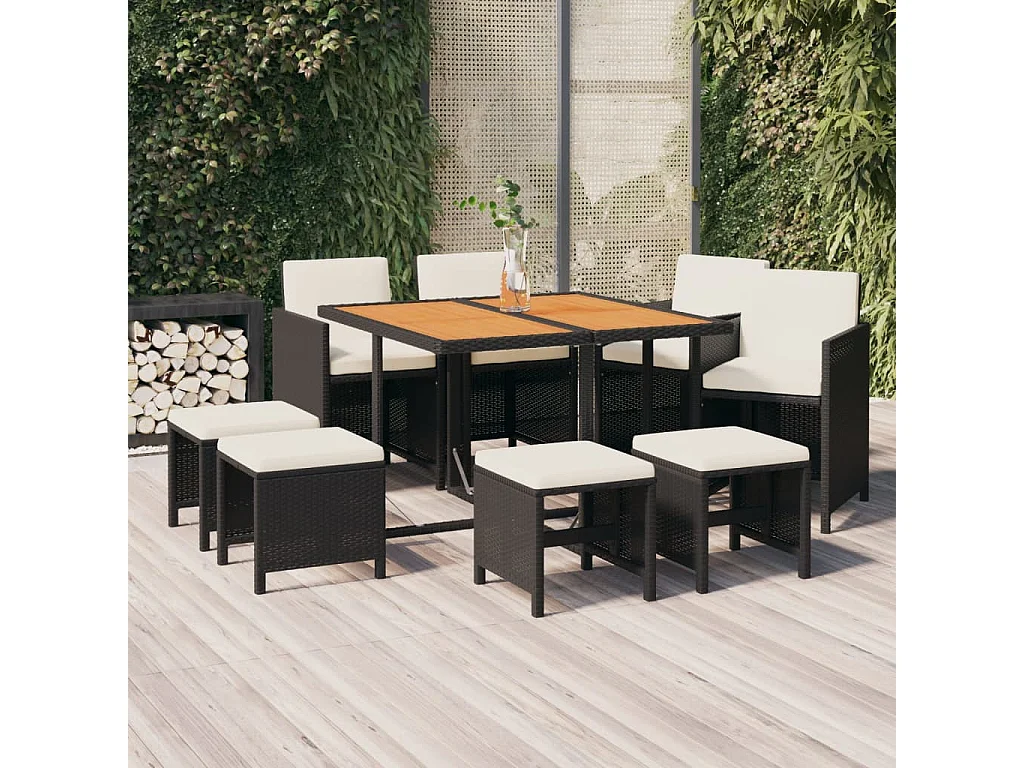 Hugo  Ensemble à manger de jardin coussins 9pcs Résine tressée Noir