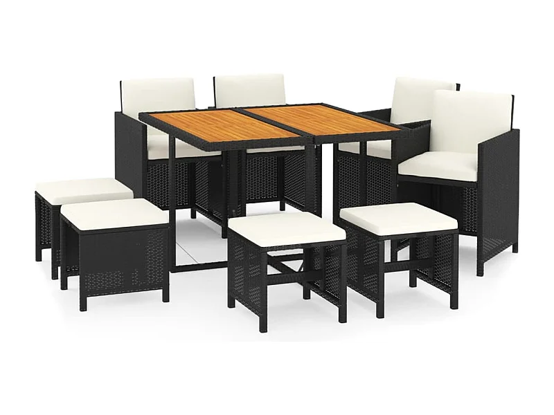 Hugo  Ensemble à manger de jardin coussins 9pcs Résine tressée Noir