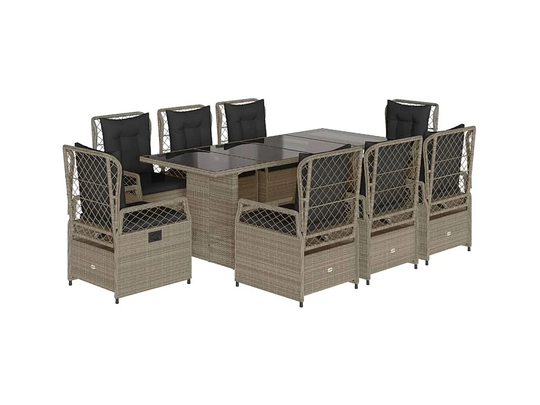 Veteli  Ensemble à manger de jardin et coussins 9 pcs gris clair rotin