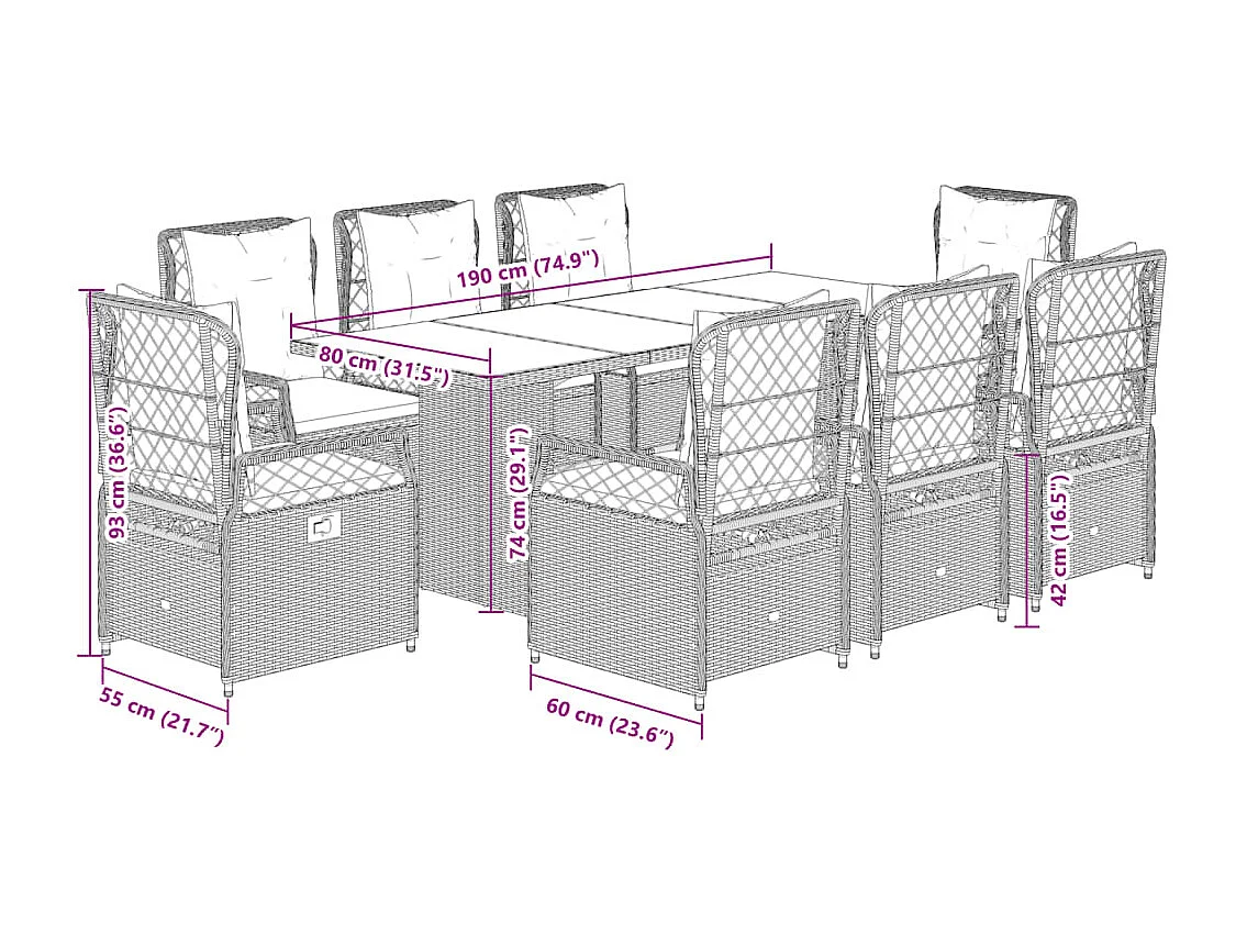 Veteli  Set comedor de jardín 9 pzas cojines ratán sintético gris claro