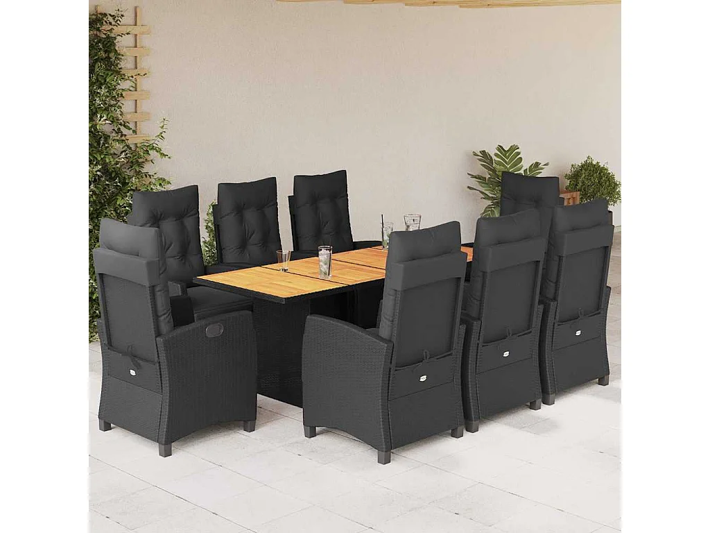 Igmar  Set de comedor de jardín 9 pzas y cojines ratán sintético negro