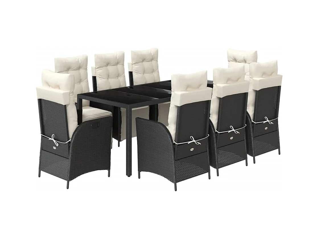 Chris David  Set de comedor de jardín 9 pzas y cojines ratán sintético negro