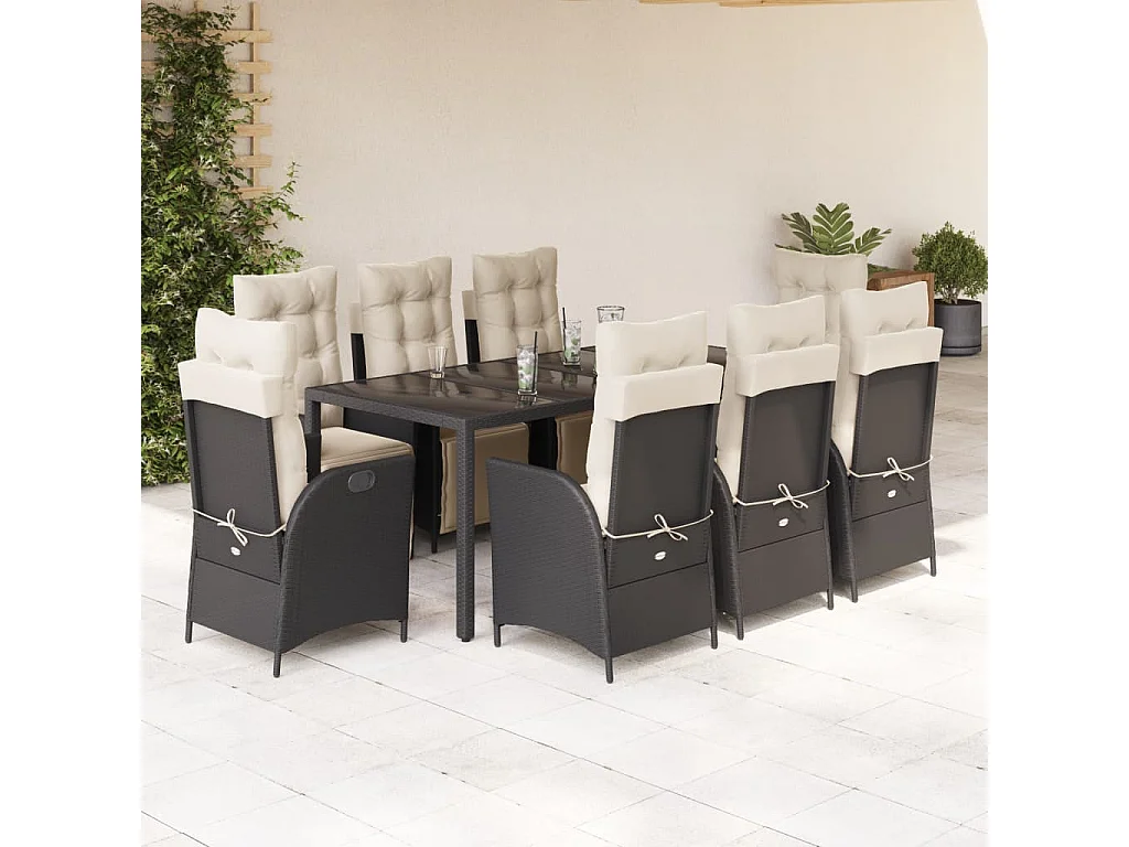 Chris David  Ensemble à manger de jardin 9pcs coussins noir résine tressée