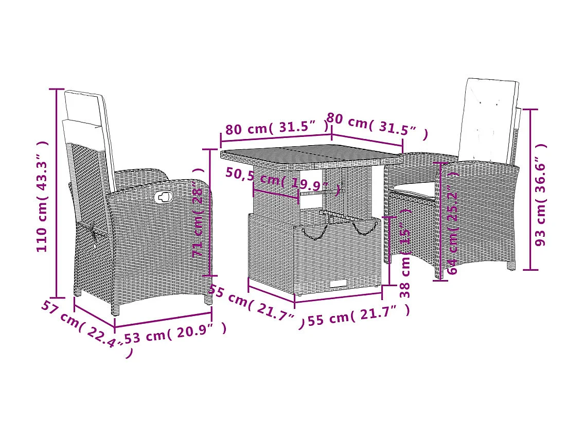 Wise  Ensemble à manger de jardin 3 pcs coussins gris résine tressée