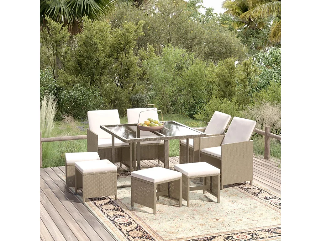 Prolenta Premium -  9-delige Tuinset met kussens poly rattan beige