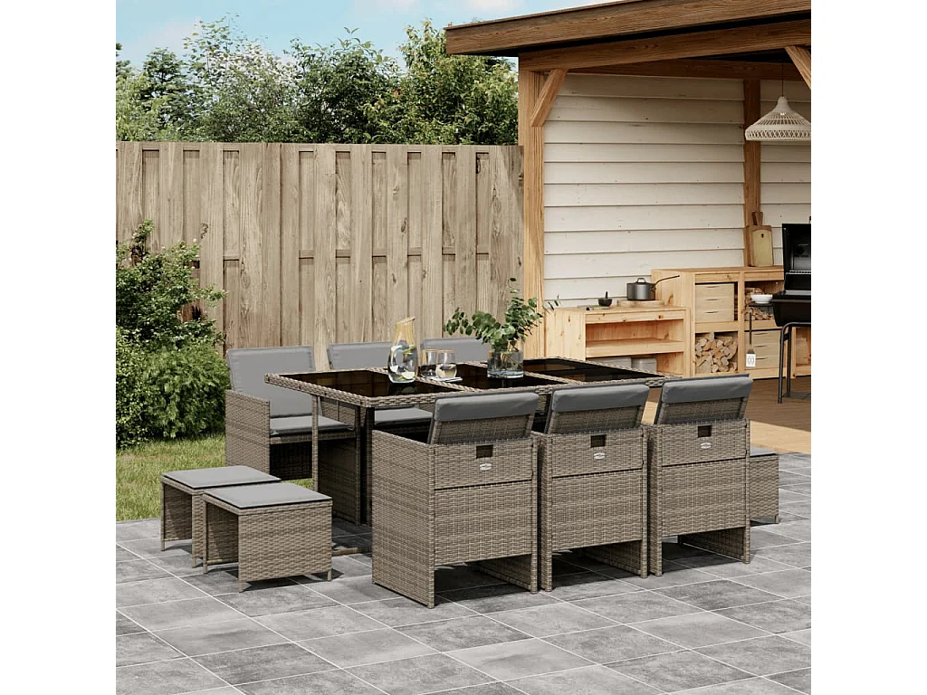 Bonno  Ensemble à manger de jardin 11pcs avec coussins gris poly rotin