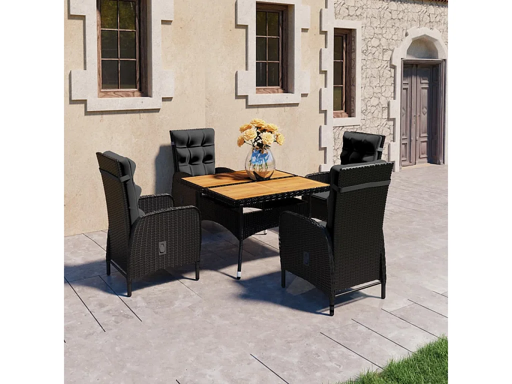 Tatum  Ensemble à manger de jardin 5 pcs Résine tressée et acacia Noir