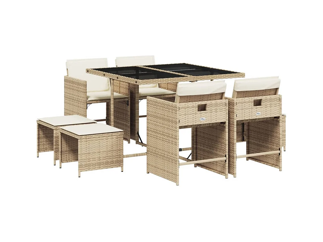 Zenn  Ensemble à manger de jardin et coussins 9 pcs beige Poly rotin