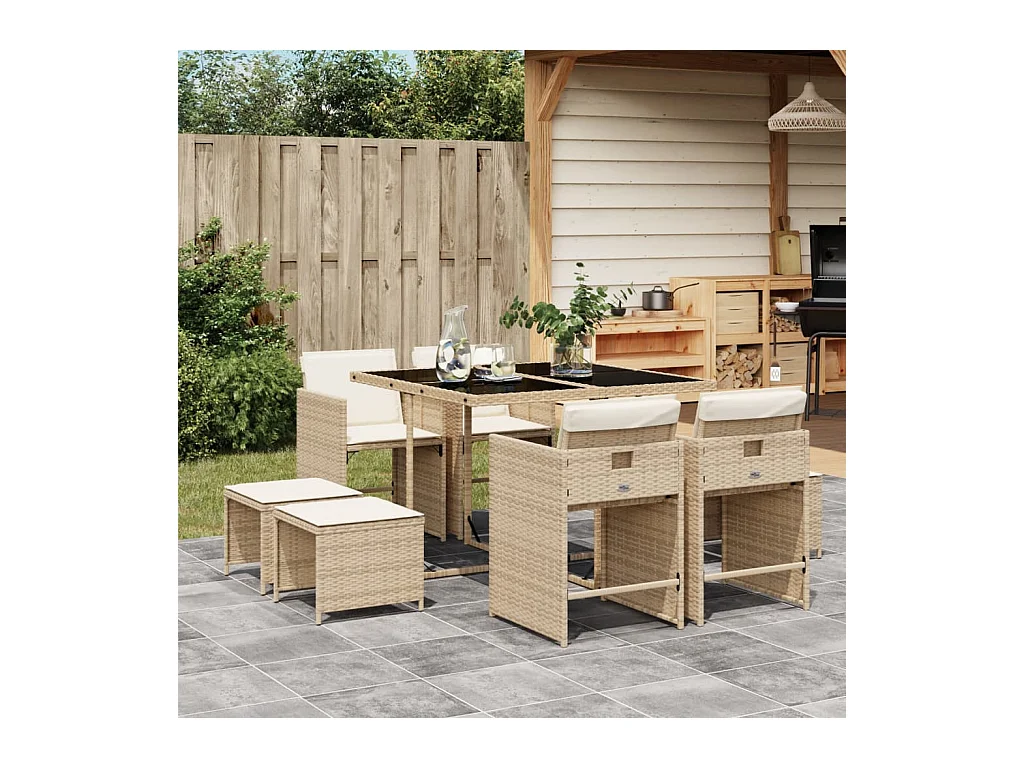 Zenn  Ensemble à manger de jardin et coussins 9 pcs beige Poly rotin