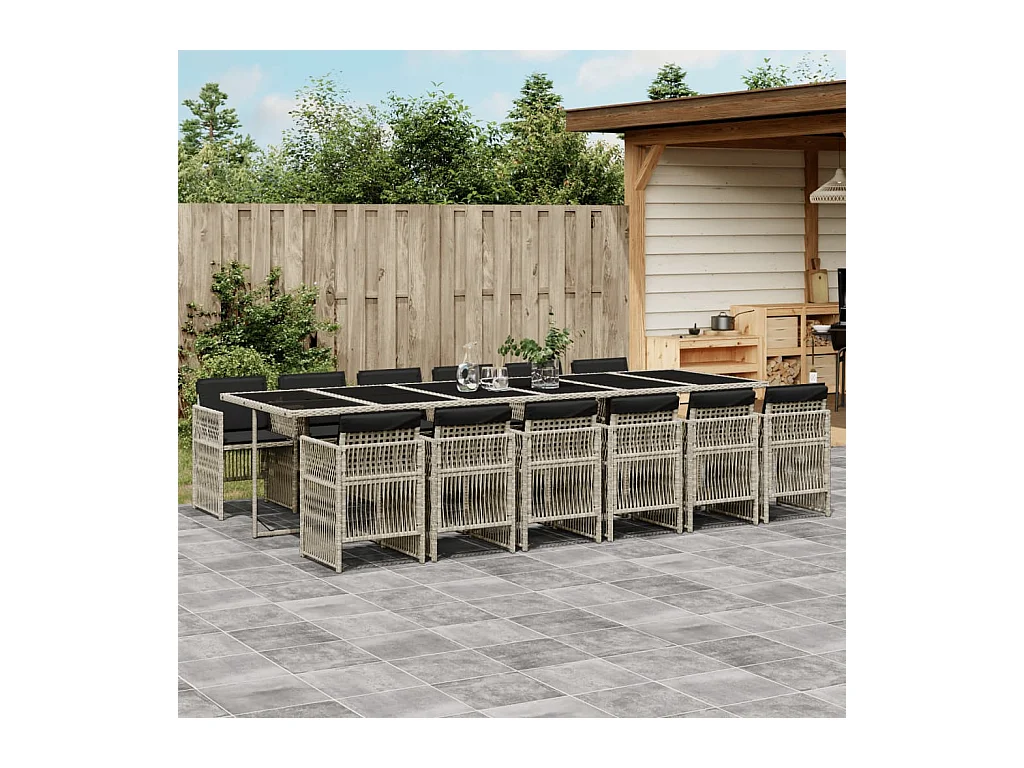 Ilo  Ensemble à manger de jardin et coussins 13 pcs gris clair rotin